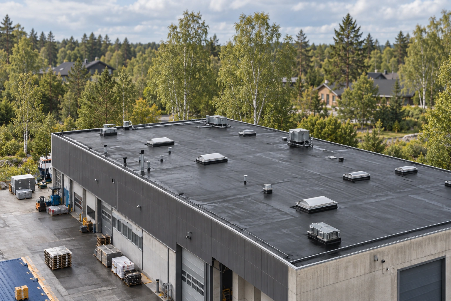 Stort membrantekket næringstak med overlys og tekniske gjennomføringer.
