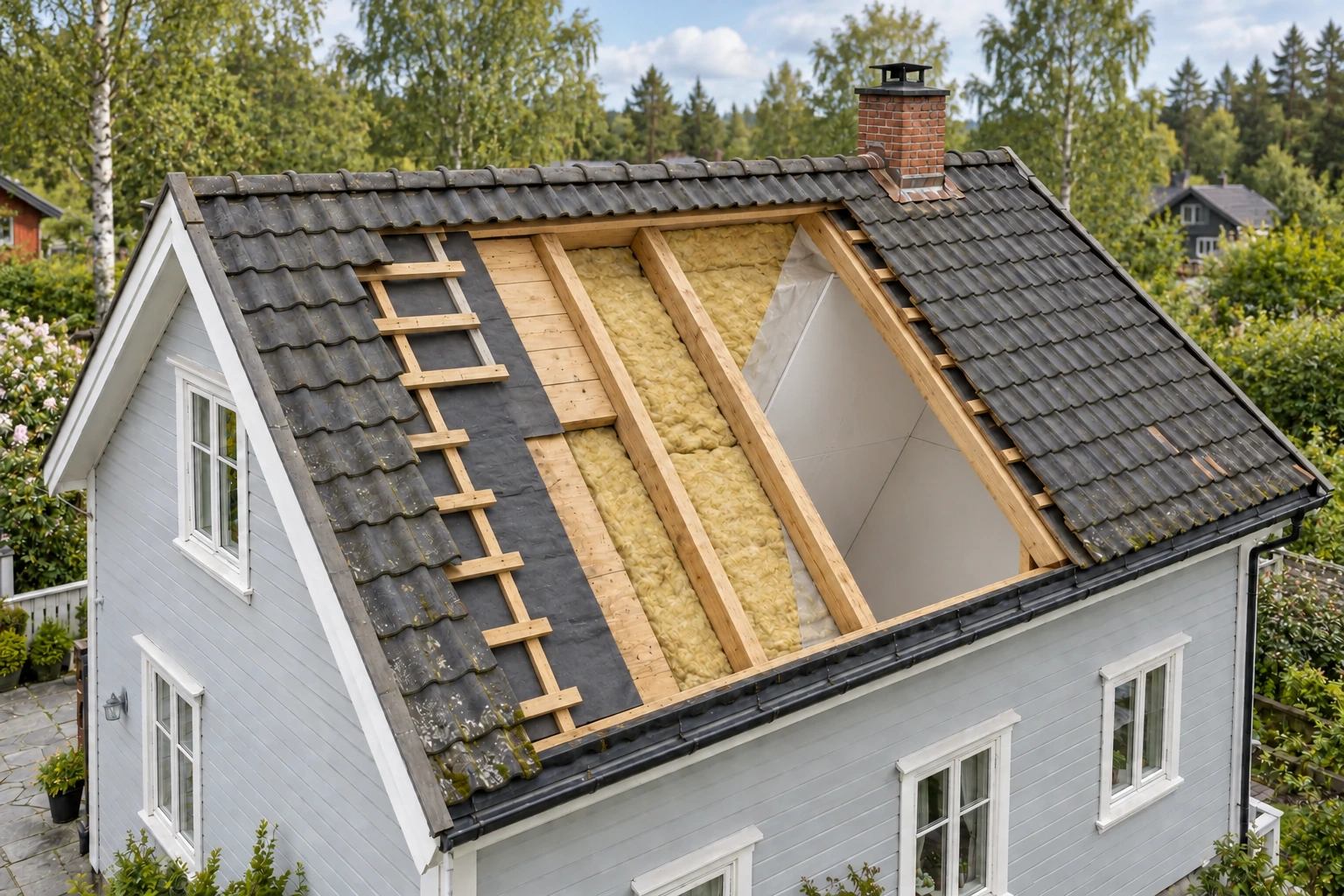 Et åpnet skråtak viser tekking, lekter, undertak og den isolerte konstruksjonen under.